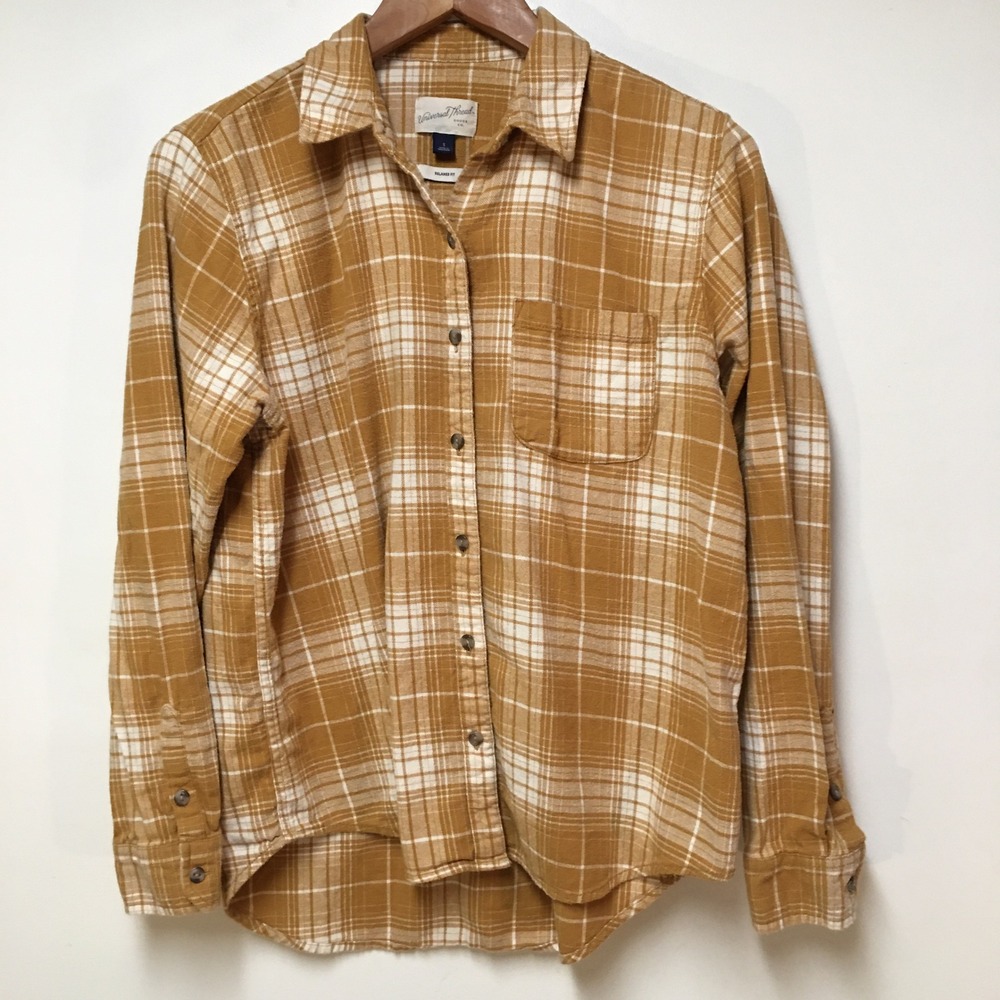 Universal Thread Plaid Button Flannel Women Small Mustard Yellow Relax Cotton